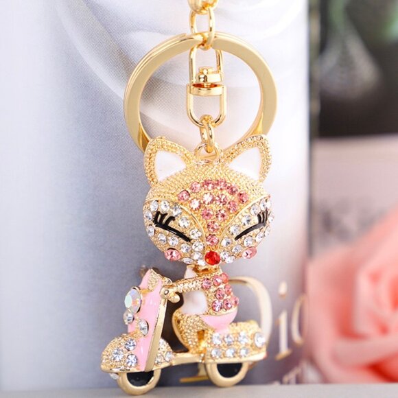 Pink Fox Keychain Rhinestone Fox Charm Fox Bag Charm - Picture 1 of 11
